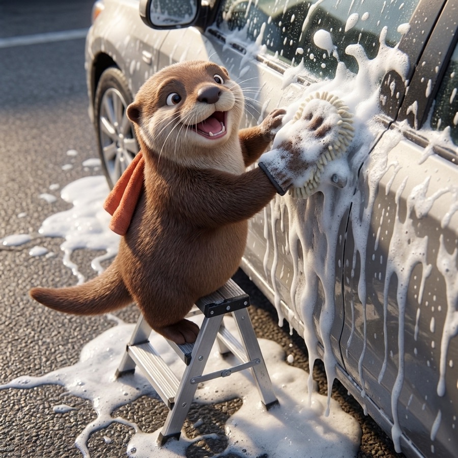 Otto scrubbing thick foam across a car door from a step ladder