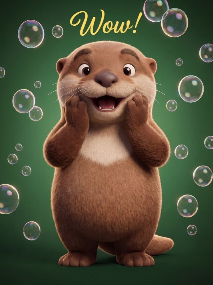 Otto amazed, surrounded by bubbles, saying Wow